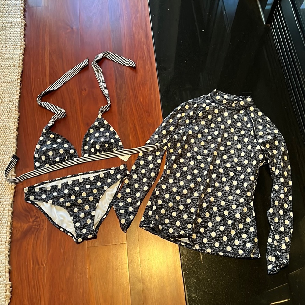 Boden Navy Blue and White Polka Dot Bikini Set with Rash Guard